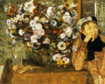 エドガー・ドガ Painting - 花瓶の横に座る女性 1865年 エドガー・ドガ